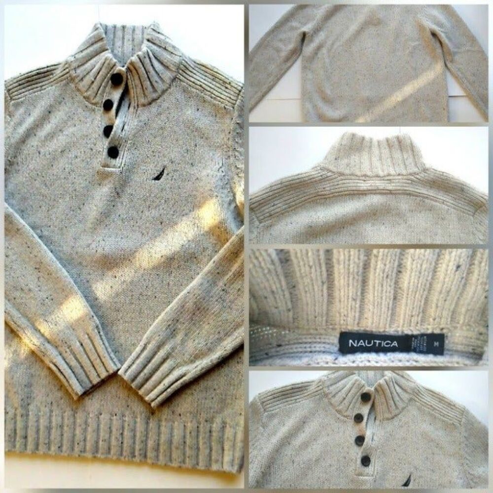 Nautica Men Wool Warm Blend Pullover Sweater Mock Button Collar Cream/Beige Sz L